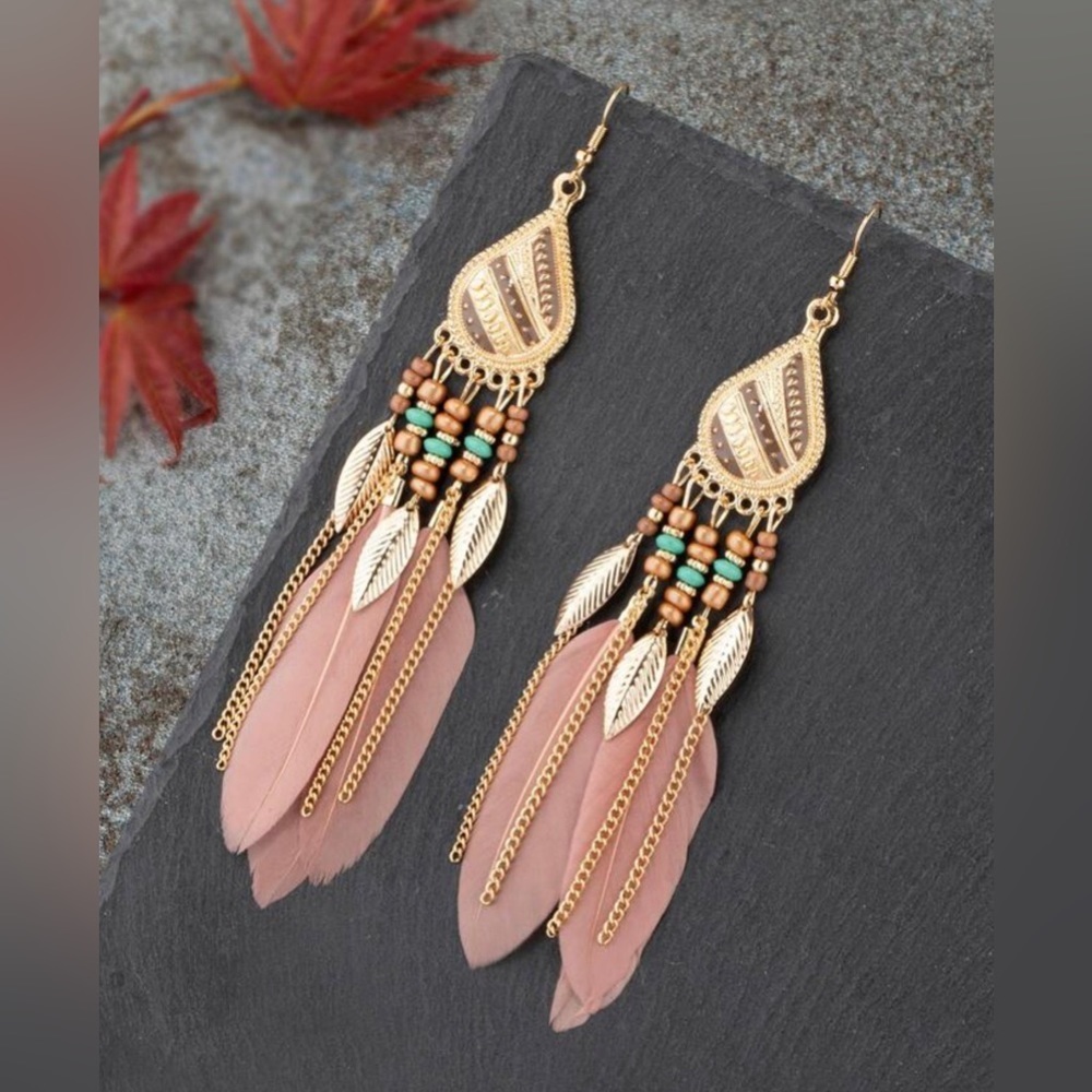 Feather and bead drop Earrings